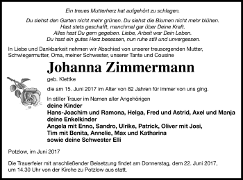Traueranzeige von Johanna Zimmermann von Prenzlauer Zeitung