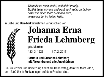 Traueranzeige von Johanna Erna Frieda Lehmberg von Templiner Zeitung