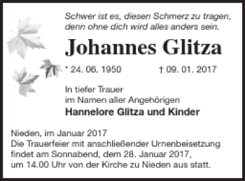 Traueranzeige von Johannes Glitza von Pasewalker Zeitung