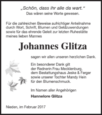 Traueranzeige von Johannes Glitza von Pasewalker Zeitung