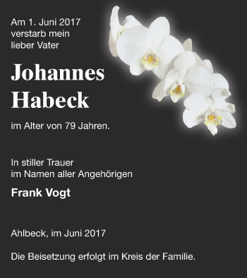 Traueranzeige von Johannes Habeck von Haff-Zeitung