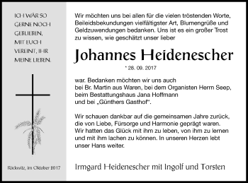 Traueranzeige von Johannes Heidenescher von Neubrandenburger Zeitung