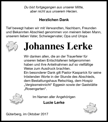 Traueranzeige von Johannes Lerke von Pasewalker Zeitung