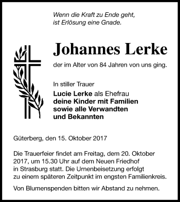 Traueranzeige von Johannes Lerke von Pasewalker Zeitung