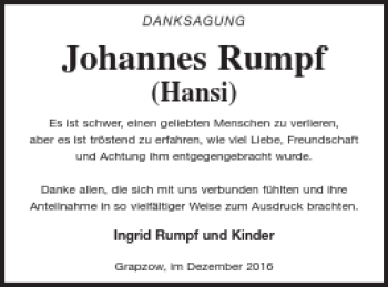 Traueranzeige von Johannes Rumpf von Neubrandenburger Zeitung