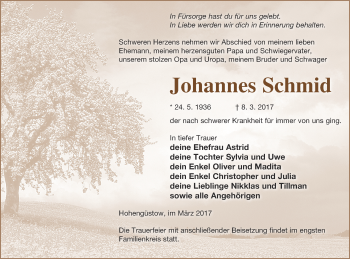 Traueranzeige von Johannes Schmid von Prenzlauer Zeitung