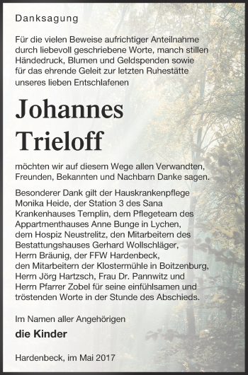 Traueranzeige von Johannes Trieloff von Templiner Zeitung