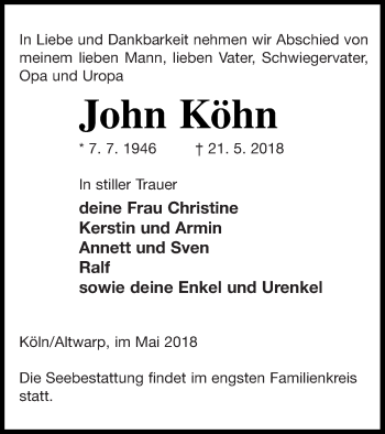 Traueranzeige von John Köhn von Haff-Zeitung