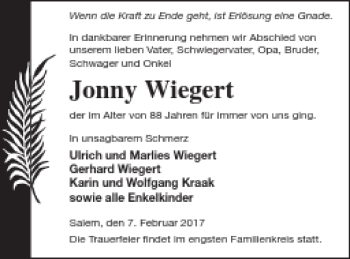 Traueranzeige von Jonny Wiegert von Mecklenburger Schweiz