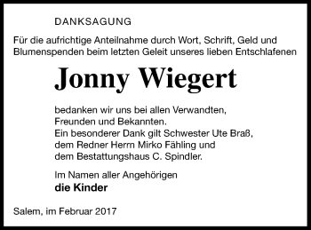 Traueranzeige von Jonny Wiegert von Mecklenburger Schweiz