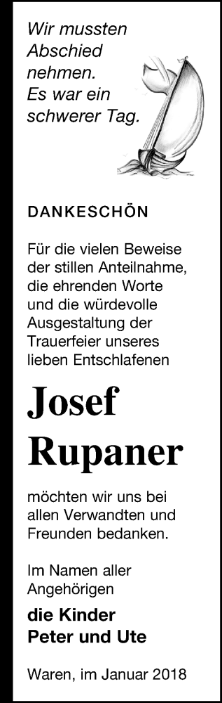 Traueranzeige von Josef Rupaner von Müritz-Zeitung