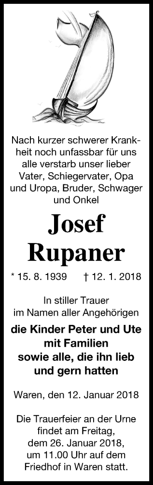 Traueranzeige von Josef Rupaner von Müritz-Zeitung