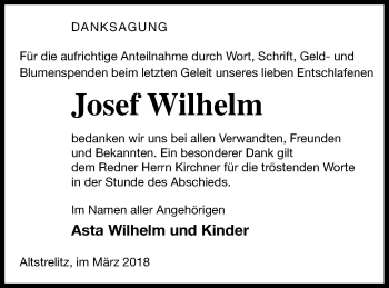 Traueranzeige von Josef Wilhelm von Müritz-Zeitung