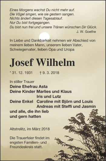 Traueranzeige von Josef Wilhelm von Strelitzer Zeitung