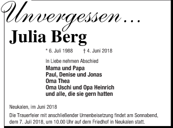 Traueranzeige von Julia Berg von Mecklenburger Schweiz