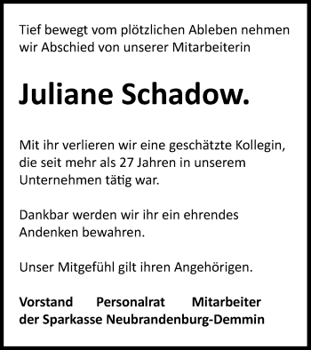 Traueranzeige von Juliane Schadow von Demminer Zeitung