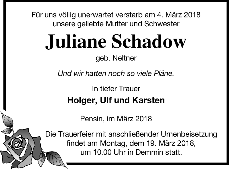  Traueranzeige für Juliane Schadow vom 08.03.2018 aus Demminer Zeitung