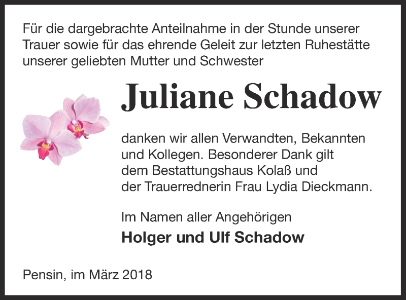 Traueranzeige für Juliane Schadow vom 23.03.2018 aus Demminer Zeitung