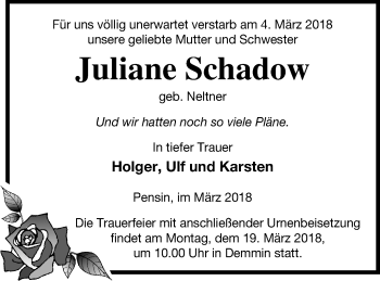 Traueranzeige von Juliane Schadow von Demminer Zeitung