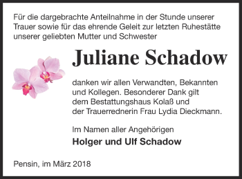 Traueranzeige von Juliane Schadow von Demminer Zeitung