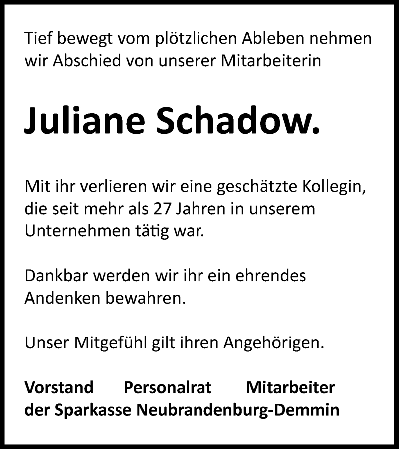  Traueranzeige für Juliane Schadow vom 10.03.2018 aus Demminer Zeitung