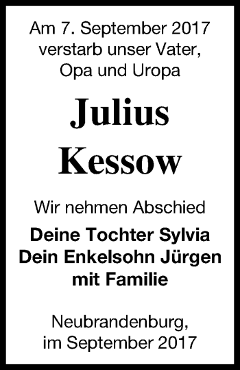 Traueranzeige von Julius Kessow von Neubrandenburger Zeitung