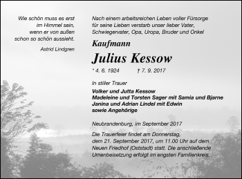 Traueranzeige von Julius Kessow von Neubrandenburger Zeitung