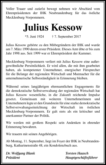 Traueranzeige von Julius Kessow von Nordkurier Gesamtausgabe