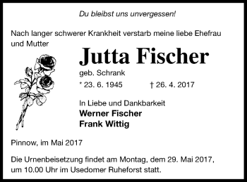 Traueranzeige von Jutta Fischer von Vorpommern Kurier