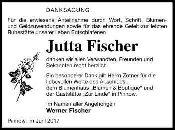 Traueranzeige von Jutta Fischer von Vorpommern Kurier