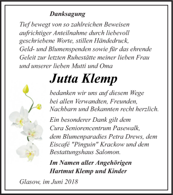 Traueranzeige von Jutta Klemp von Pasewalker Zeitung