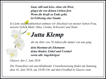 Traueranzeige von Jutta Klemp von Pasewalker Zeitung