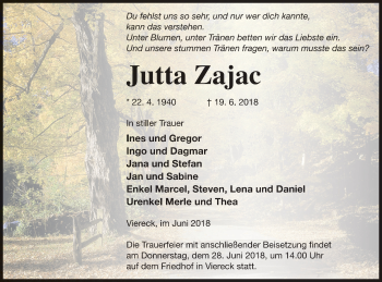 Traueranzeige von Jutta Zajac von Pasewalker Zeitung