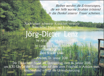 Traueranzeige von Jörg-Dieter Lenz von Vorpommern Kurier