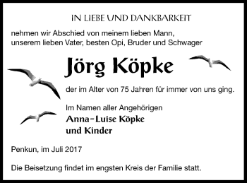 Traueranzeige von Jörg Köpke von Pasewalker Zeitung