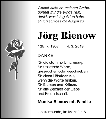 Traueranzeige von Jörg Rienow von Haff-Zeitung