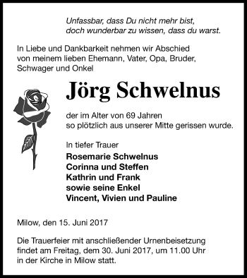 Traueranzeige von Jörg Schwelnus von Pasewalker Zeitung