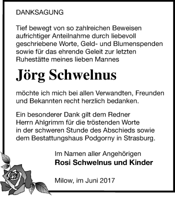 Traueranzeige von Jörg Schwelnus von Pasewalker Zeitung