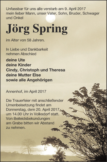 Traueranzeige von Jörg Spring von Demminer Zeitung