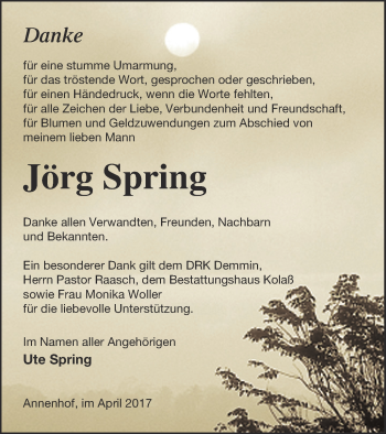 Traueranzeige von Jörg Spring von Demminer Zeitung