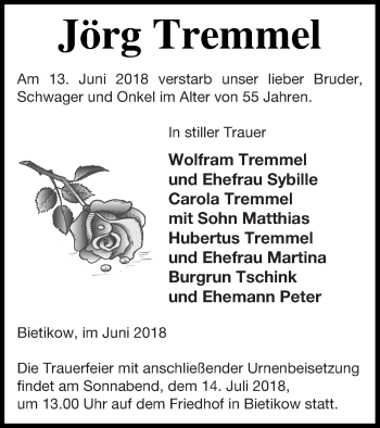 Traueranzeige von Jörg Tremmel von Prenzlauer Zeitung