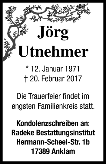 Traueranzeige von Jörg Utnehmer von Vorpommern Kurier