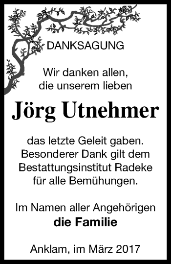 Traueranzeige von Jörg Utnehmer von Vorpommern Kurier