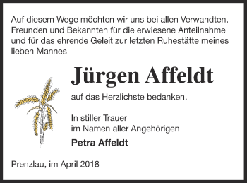 Traueranzeige von Jürgen Affeldt von Pasewalker Zeitung