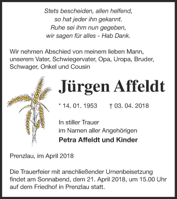 Traueranzeige von Jürgen Affeldt von Pasewalker Zeitung