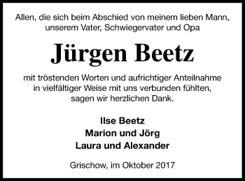 Traueranzeige von Jürgen Beetz von Neubrandenburger Zeitung