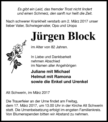 Traueranzeige von Jürgen Block von Müritz-Zeitung