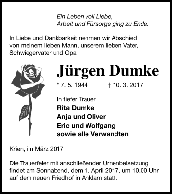 Traueranzeige von Jürgen Dumke von Vorpommern Kurier