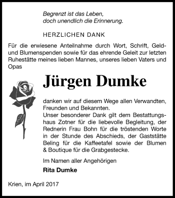 Traueranzeige von Jürgen Dumke von Vorpommern Kurier