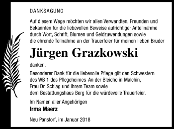 Traueranzeige von Jürgen Grazkowski von Mecklenburger Schweiz